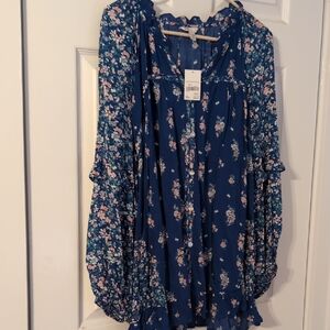 Cato Navy Blue Floral Peasant Blouse